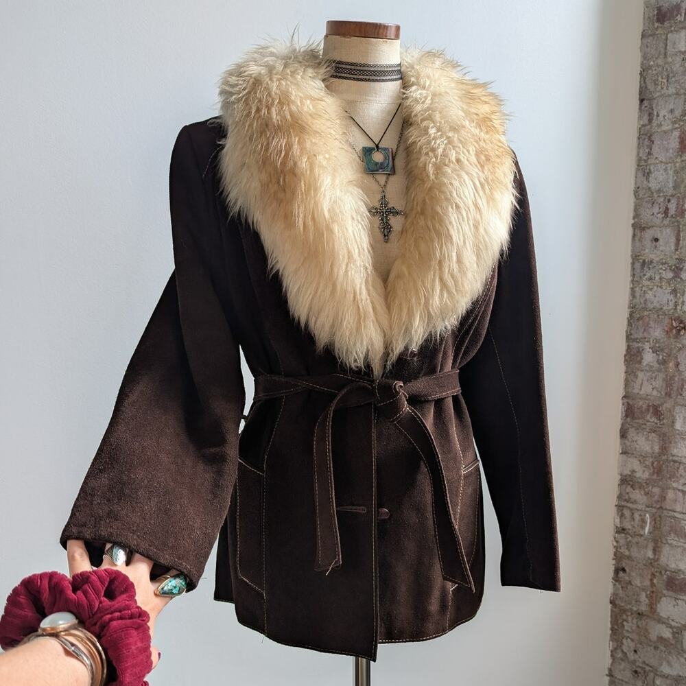 Vintage Brown Suede Penny Lane Jacket Belted Furry Leather Western Coat Medium - Picture 2 of 13